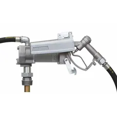 This bung-mount DC-powered fuel transfer pump operates on 12 V DC with a 1/7 hp motor and delivers a maximum flow rate of 20 gpm. It includes a 12 ft hose and nozzle for transferring diesel, gasoline, and other non-corrosive fluids from drums or tanks. Meter is not included.