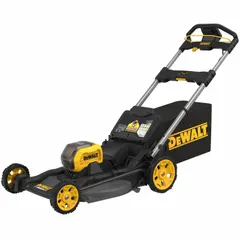 Battery-powered push mower with a 21-inch steel deck, offering bagging, mulching, or rear discharge. Features variable speed settings and single-point cutting height adjustment. Runs up to 75 minutes on the FLEXVOLT® battery platform; battery included. Suitable for residential lawn care.