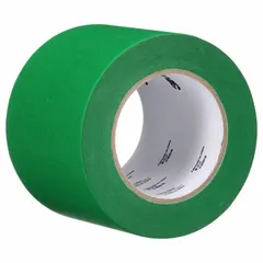 Green crepe paper masking tape from the 3M UVG series. Roll width 3 3/4 in, pre-cut diameter 4 3/4 in, overall roll length 60 1/8 yd. Designed for indoor/outdoor use on rubber surfaces. Suitable for painting, powder coating, and temporary surface protection where medium adhesion and resistance to sunlight and mild moisture are required.