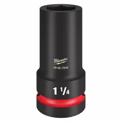 This 1" drive impact socket is designed for use with high-torque impact tools. It features a 1-1/4" SAE hex size, 6-point deep configuration, and black phosphate finish. Suitable for heavy-duty fastening applications in industrial maintenance, construction, and automotive repair.