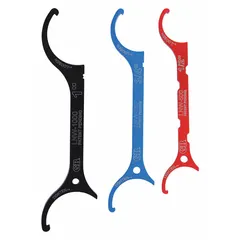 Three-piece spanner wrench set for tightening or loosening locknuts. Includes wrenches for 1/2 in, 3/4 in, and 1 in locknuts, each with a 1 7/8 in hook depth and corresponding pin diameter. Suitable for industrial electrical and mechanical installations.
