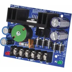 The ALTRONIX SMP5 is a power supply board with a 6V DC input and 6V DC output at 4A. Constructed from phenolic/fiberglass material, it is suitable for use in low-voltage control panels, security systems, and industrial automation requiring a regulated 6V DC source.