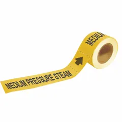 Yellow adhesive pipe markers with black legend reading 'Medium Pressure Steam', designed for pipes with 1-1/2 to 2 in outer diameter. Each roll contains 25 markers with directional arrows. Used to identify medium pressure steam lines in industrial facilities.