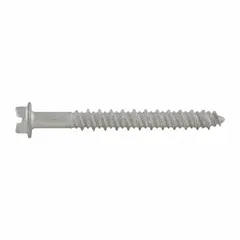 Hex-head concrete anchor screw with pointed tip for fastening into concrete. Case-hardened steel with Stalgard® finish for corrosion resistance. Removable design allows for adjustment or removal. Supplied in a 2,500-piece pack. Suitable for structural attachments, equipment mounting, and safety barriers in construction and industrial applications.