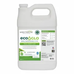 SPECTROLINE ECO-GLO is a fluorescent dye for refrigerant leak detection in HVAC and refrigeration systems. Supplied in a 1-gallon pail, the green dye circulates with refrigerant and escapes at leak points, glowing under UV light to reveal leaks.