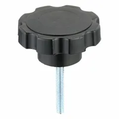 This 8-arm knob features a plastic body with a steel thread insert for manual clamping, positioning, and adjustment on industrial machinery, jigs, and fixtures. Thread size is 1/4"-20 with a 1.75 in thread length. Suitable for frequent hand-tightening applications requiring a comfortable grip.