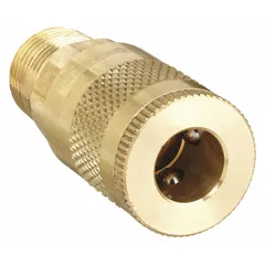 This brass quick-connect coupling body features a 1/8"-27 male thread and sleeve locking mechanism. Designed for connecting air tools and hoses in compressed air systems. Suitable for light-duty pneumatic applications.