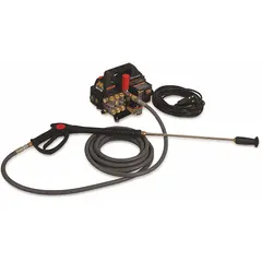This cold water pressure washer operates on 120 V single-phase power, delivering 1,400 psi at 1.5 gpm with a 1 1/2 hp motor. It features a direct pump drive and is designed for cold water intake only. Suitable for light-duty cleaning tasks such as washing vehicles, equipment, and outdoor surfaces.