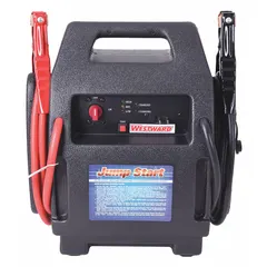 Plastic-housed jump starter for 12 V DC lead-acid batteries. Delivers 1.1 A @ 12V charging current and 400 A @ 6V cold cranking amps. Features auto on/off charge type for hands-free operation. Suitable for jump-starting and charging vehicle and equipment batteries.