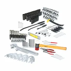 This 173-piece tool set includes Metric and SAE sockets in 1/2 in, 1/4 in, and 3/8 in drive sizes. Contents comprise drive tools, angle open end wrenches, mini screwdrivers, and a hose clamp plier. Suitable for fastening, loosening, and clamping tasks in mechanical assembly and maintenance.
