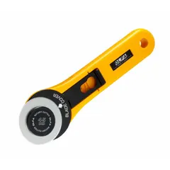 Non-retracting rotary cutter with a 1 3/4 in diameter tungsten blade and a 7 in plastic handle. Includes a blade guard. Used for straight cuts on materials such as fabric, paper, and thin plastics in textile, packaging, and craft applications.