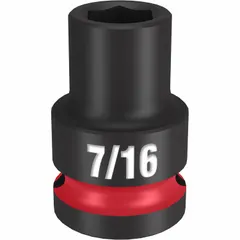 This 1/2" drive impact socket is designed for use with impact wrenches to fasten and loosen SAE hex fasteners. The 7/16 in socket size and 6-point configuration provide a secure grip on bolts and nuts. The black phosphate finish offers corrosion resistance. Typical applications include automotive repair, construction, and industrial maintenance.
