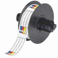 This precut label roll features a color bar design with no pre-printed legend, measuring 1 1/8 in x 3 in. Made of vinyl with acrylic adhesive, it is suitable for indoor and outdoor use. Compatible with BBP30 printer series for creating Right-To-Know diamond and text box hazard communication labels on equipment, pipes, and containers in industrial facilities.