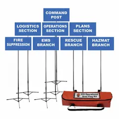 Blue nylon triage flag set with 'Command Post' legend, measuring 24 inches wide by 12 inches high. Includes a carry bag for transport and storage. Used by incident command teams to mark a command post during emergency response, providing clear visual identification at disaster scenes.