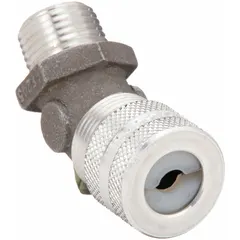 45° metallic cable grip with 1/2 in MNPT box connection, accepting cord diameters from 0.25 in to 0.37 in. Silver aluminum body with white color-coded grommet. Rated IP66 and Class I, Division 2 for hazardous locations. Used to seal and strain-relieve electrical cables entering junction boxes.