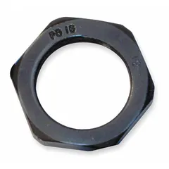 This nylon cable grip lock nut features a PG7 thread size and is gray in color. It is CSA certified for use in electrical enclosures, junction boxes, and industrial panels to secure cord connectors and provide a vibration-resistant seal for cable entries.