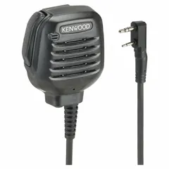 The KENWOOD KMC-45D is a speaker microphone designed for use with NX-P1000 Series two-way radios. It features a 2.5 mm jack and a 2-pin radio connector, with a Push To Talk button for convenient voice transmission. The microphone is black and enables hands-free or remote communication in various operational settings.