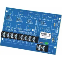 Power distribution module for 12/24V DC systems. Constructed of phenolic/fiberglass material. Provides four PTC-protected outputs for distributing power from a single input to multiple devices in access control, security, and low-voltage applications