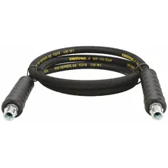 The Enerpac H9202 is a 24-inch flexible hydraulic hose assembly with a 1/4-inch inner diameter rubber tube and a black cover. It features 3/8-inch NPTF male x NPTF male fittings on both ends. This assembly is used for connecting hydraulic components such as pumps, cylinders, and valves in fluid power systems.