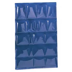 Blue empty first aid pockets with 20 pockets. Overall width 14 5/8 in, depth 1/8 in. Used to organize and store first aid supplies in cabinets or kits.