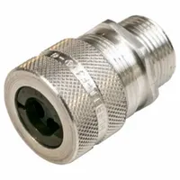 Straight metallic multi-cable grip with aluminum silver body, accommodating up to four cords with diameter range 0.23 in to 0.29 in. Features 3/4 in MNPT box connection for secure installation in junction boxes, control panels, and machinery where multiple cables pass through a single opening