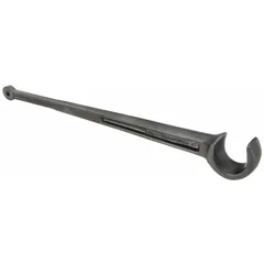 This single end valve wheel wrench is constructed from alloy steel with a powder-coated finish. It has an overall length of 27 inches and is used for manual operation of valve wheels in industrial piping systems and similar applications.