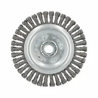 This heavy-cleaning brush is designed for contoured carbon steel surfaces. It features a 5-inch diameter, 5/8"-11 arbor, and 0.02-inch twisted steel fill. Suitable for removing rust, scale, and weld splatter from irregular shapes in metal fabrication and maintenance tasks
