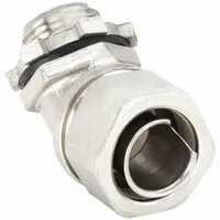 This 45° liquid-tight connector terminates flexible metal conduit at a junction box or enclosure. Made of 316 stainless steel with a 1/2 in MNPT box connection and an insulated throat. Suitable for corrosive or washdown environments