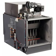 Gas-fired duct furnace with 250,000 BtuH heating capacity input. Constructed with 409 stainless steel. Features a bottom configuration and 3/4 in male NPT connection. Used for heating air in duct systems for industrial and commercial spaces.
