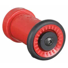 Constant pressure (automatic) fog nozzle with plastic body and rigid NPSH base. Activates by twist to deliver fog or straight stream spray pattern. Used for firefighting flow control.