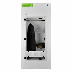 This evidence drying cabinet from MYSTAIRE features a powder-coated polypropylene housing for chemical and moisture resistance. It includes a polypropylene base/stand and a work surface. Suitable for drying and storing evidence in forensic and laboratory settings.