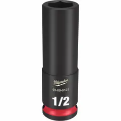 This 3/8" drive deep impact socket features a 1/2 in SAE 6-point opening and friction retention. Designed for use with impact wrenches, its deep profile accesses recessed fasteners in automotive, equipment, and industrial applications. Black phosphate finish provides corrosion resistance.
