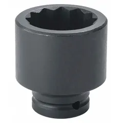 This 3/4" drive impact socket has a 30 mm metric, 12-point standard profile and a black oxide finish. It is used with impact wrenches for heavy-duty fastening and loosening of nuts and bolts in automotive, industrial, and construction settings.