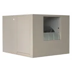 This single-inlet ducted evaporative cooler is designed for residential use, providing cooling for spaces up to 2,300 sq ft. It operates on 115V AC and includes a factory-installed drive package. The unit measures 34 5/8 in x 42 in x 48 in with an 8 in pad thickness. Suitable for homes, workshops, and warehouses in dry climates.