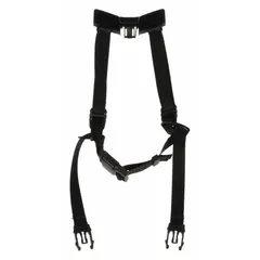 Black nylon chin strap with four attachment points, designed for use with 3M SecureFit X5000 Series safety helmets. Secures the helmet to the wearer's head in industrial environments such as construction, manufacturing, and oil and gas, preventing displacement during work at height or in windy conditions.
