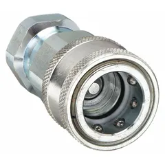 Steel hydraulic quick-connect coupling body for 6600 Series. Features 9/16"-18 thread size and maximum flow rate of 22.71 lpm. Used in hydraulic systems for tool-free connection and disconnection of lines under pressure.