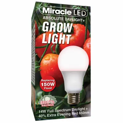 MIRACLE LED Grow Bulb: LED, A19, 120V, Full/Broad/Red - Plant Growth Bulbs