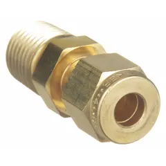 Brass single-ferrule compression fitting with Compression x MNPT configuration. Connects 1/4 in OD tubing to 1/4 in male NPT pipe thread. Used in industrial fluid systems for tube-to-pipe transitions in instrumentation, pneumatic, and hydraulic applications.
