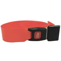 This crossbody strap is constructed from orange polyester webbing with a metal push-button buckle. It is designed for securing patients on backboards and stretchers during transport, allowing quick adjustment and release. The 4 ft length provides a secure harness for patient immobilization