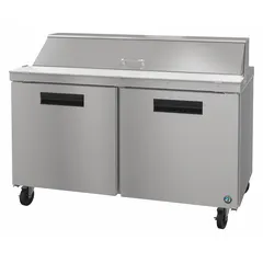 This HOSHIZAKI refrigerated prep table provides 14.8 cu ft of cold storage with a worktop surface for food preparation. It features two doors and thermostatic control. Typical applications include commercial kitchens and foodservice operations where refrigerated ingredient storage and prep space are needed.