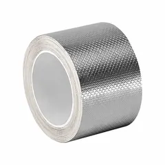 Silver, copper foil tape with embossed surface for low contact resistance. 2 in width, 6 yd length, 4 mil thickness, 600 V rating. Used for EMI/RFI shielding, grounding, and splicing in electrical enclosures and cable assemblies.