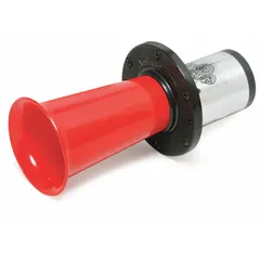 Air-powered horn designed for trucks, producing a low tone at a maximum sound level of 114 dB. Features a chrome-plated red finish and operates on 12V DC. Includes installation instructions. Suitable for use as an audible warning signal on heavy-duty vehicles.