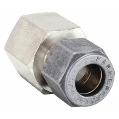 This PARKER single-ferrule stainless steel fitting is a Compression x FNPT adapter from the CPI™ series. It connects 3/4 in OD tubing to 3/4 in female NPT threaded ports. Suitable for industrial fluid systems requiring leak-free connections in instrumentation and process lines.