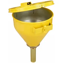 Galvanized steel drum funnel with self-closing lid and 6-inch flame arrester for safe transfer of flammable liquids into drums. Yellow finish. Measures 10 3/4 x 16 inches. Designed for use with standard drums.