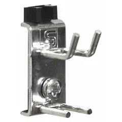 Set of 5 steel double rod hooks with zinc-plated silver finish for square-hole pegboards. Features a screw-in locking system for secure surface mounting; includes bolts. Suitable for organizing tools and items in workshops, garages, and retail displays.