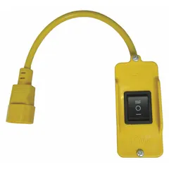 This remote control accessory for fans features a rocker switch integrated into a drop cord for convenient operation. It measures 3 7/8 inches in length and 1 5/8 inches in width, with a yellow finish and includes a black rubber O-ring. Typical applications include controlling ventilation fans in commercial or industrial settings.