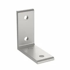 This inside corner bracket is made of anodized aluminum with a gray finish. It measures 40 mm x 18 mm x 40 mm and has 4 holes. Designed for 20 Series framing, it is used to join structural profiles at inside corners for constructing frames, workstations, and enclosures.