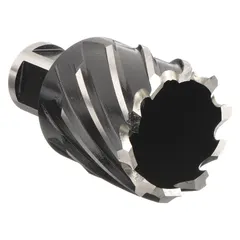 This high-speed steel annular cutter with black oxide finish is designed for general cutting applications in metalworking. It creates clean, precise holes in ferrous materials and is commonly used with portable magnetic drilling machines for structural steel fabrication, maintenance, and construction. The cutter features a 1-1/2 in diameter and 1 in maximum cutting depth, with a Weldon Flat shank for secure tool holding.