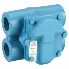 Cast iron H-pattern float and thermostatic steam trap with stainless steel float. Rated for 2700 lb/hr at 15 psi and 450°F. 1-1/4 in FNPT connections. Designed for horizontal installation to automatically drain condensate from steam lines while preventing steam loss.