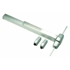 Surface vertical rod exit device with touchbar and night latch, constructed of aluminum. Designed for doors up to 4 ft wide. Finish is US28 (satin aluminum). Suitable for use in commercial buildings requiring reliable egress actuation.